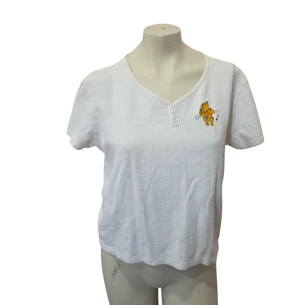 Vintage Disney Winnie the Pooh Waffle Knit Henley Shirt White Embroidered L